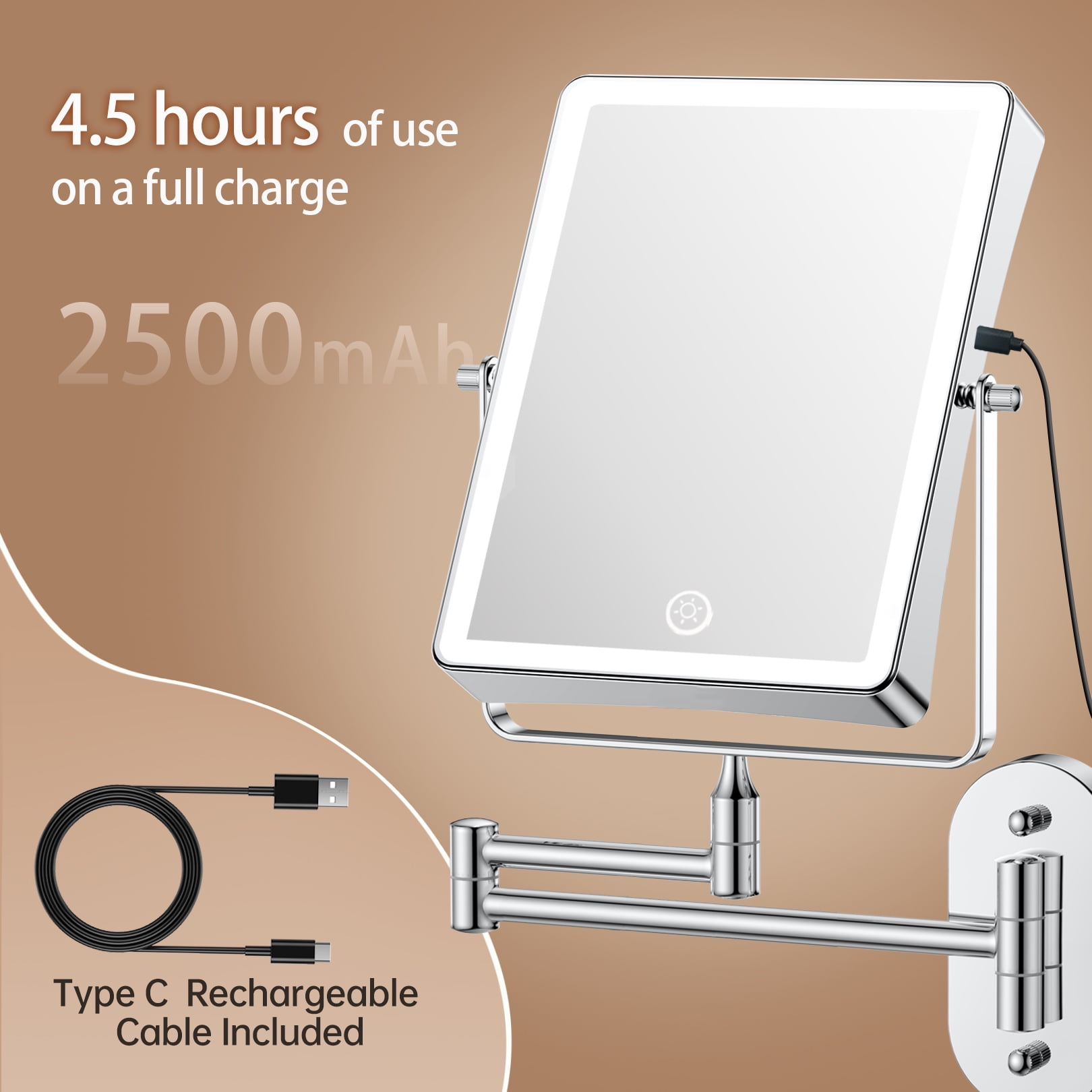 Funtouch Double Sided 1X 10X Magnifying Wall Lighted Mounted Makeup Mirror with Extended Arm, 360° Swivel Foldable, 3 Color Settings, Chrome