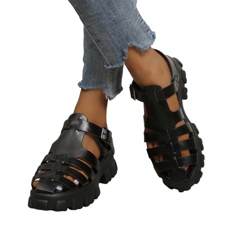 

ZIZOCWA Womens Summer Sandals Hollow Flat Thick Bottom Roman Womens Sandals Buckle Womens Non-Slip Outdoor Buckle Beach Shoes 2023 New Black Size7