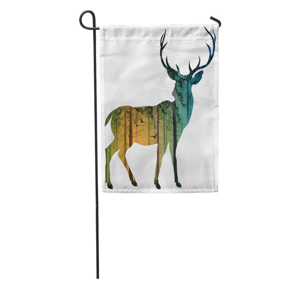 SIDONKU Silhouette of Deer Inside The Pine Forest Flying Birds and Rays Setting Sun Bright Colors Garden Flag Decorative Flag House Banner 12x18 inch