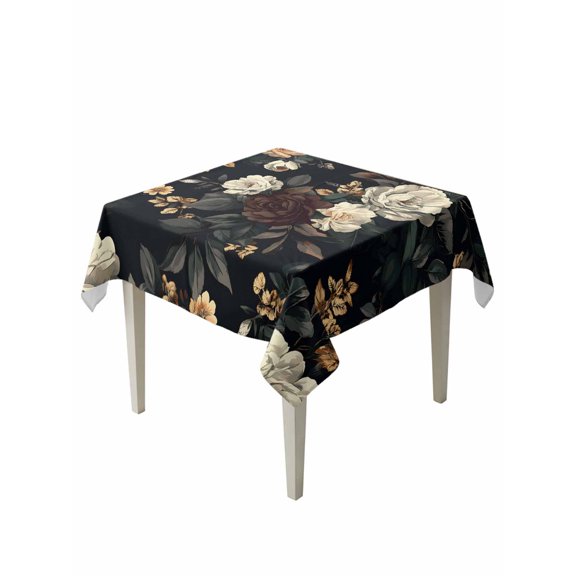 Vintage Black Floral Table Cloth, Spring Seasonal Botanical Blooms Waterproof Tablecloth for Square Tables, Reusable Washable Fabric Table Cover for Restaurant Kitchen Dining Tables 54"x54"