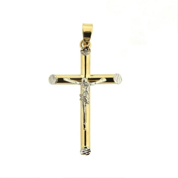 18k Solid Two Tone Gold Tube Crucifix