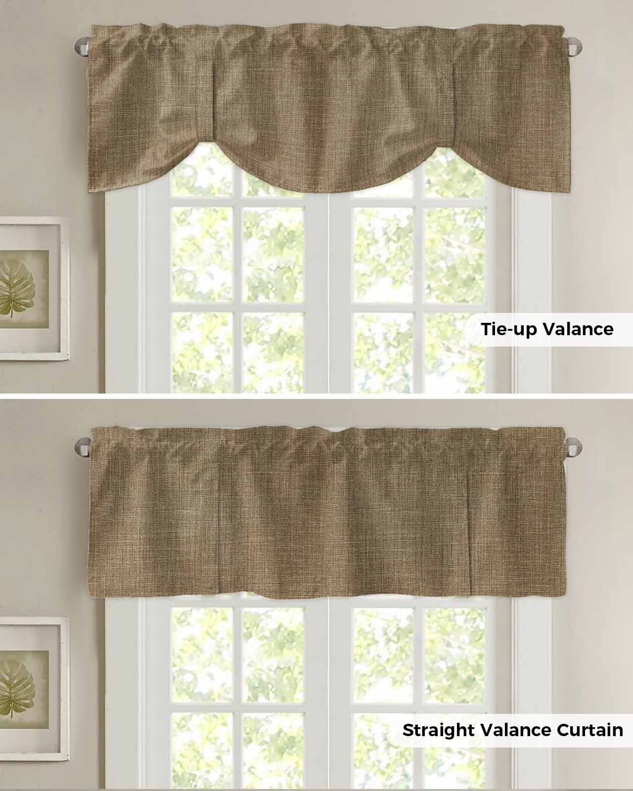Tie Up Valance Curtain for Kitchen,Farmhouse Brown Rod Pocket Short Curtains Adjustable Tie-Up Shade Valances,Vintage Linen Window Treatment for Bathroom Living Room Bedroom