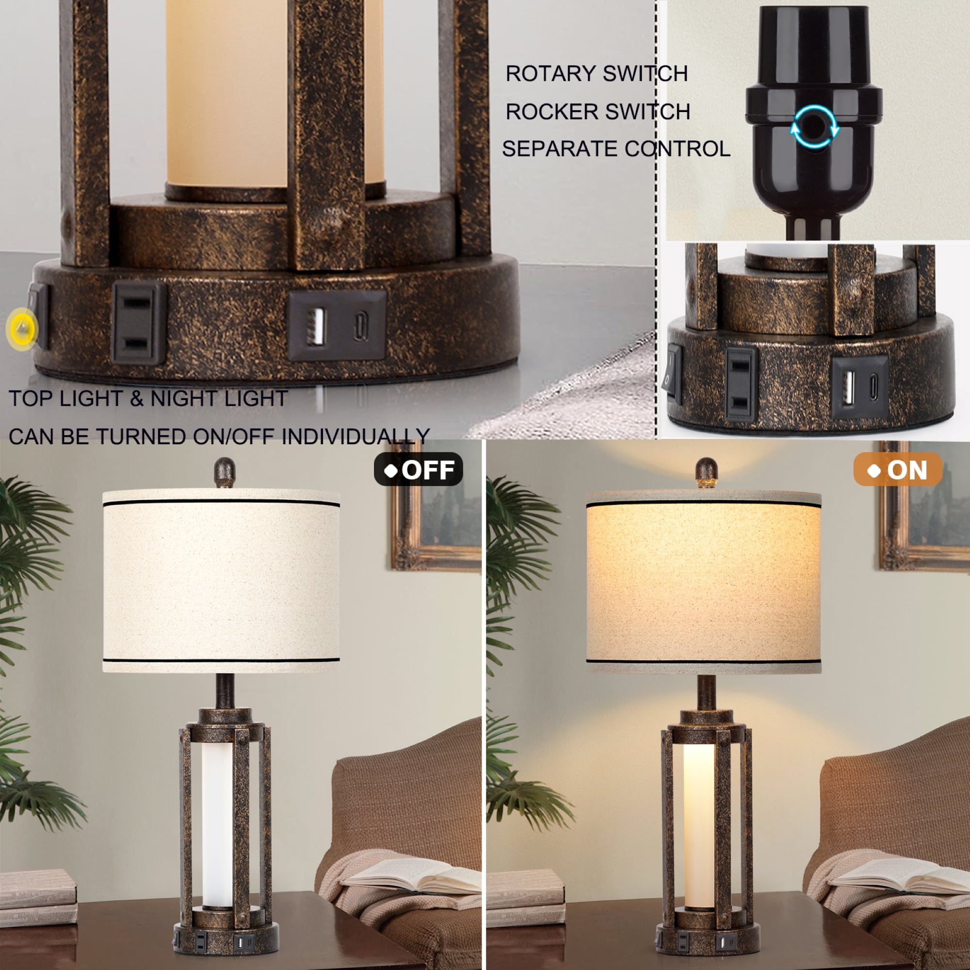 Cinkeda Modern Gold Table Lamp Set of 2 for Living Room Bedroom 25" Bedside Nightstand Lamps with USB A+C Port AC Outlet Nightlight