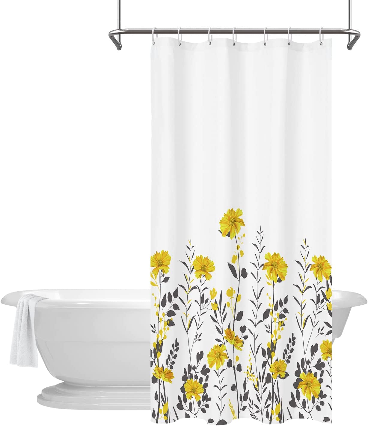 Stall Shower Curtain 36"W x 72"L Yellow Floral with Grey Leaves 36 Inch Stand Up Bathroom