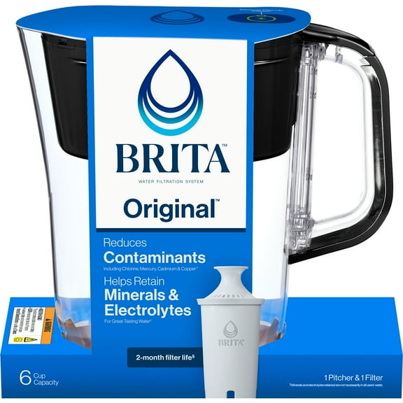Brita 6 Cup Small Plastic Water Filter Pitcher, Black, BPA Free with 1 Standard Brita Filter