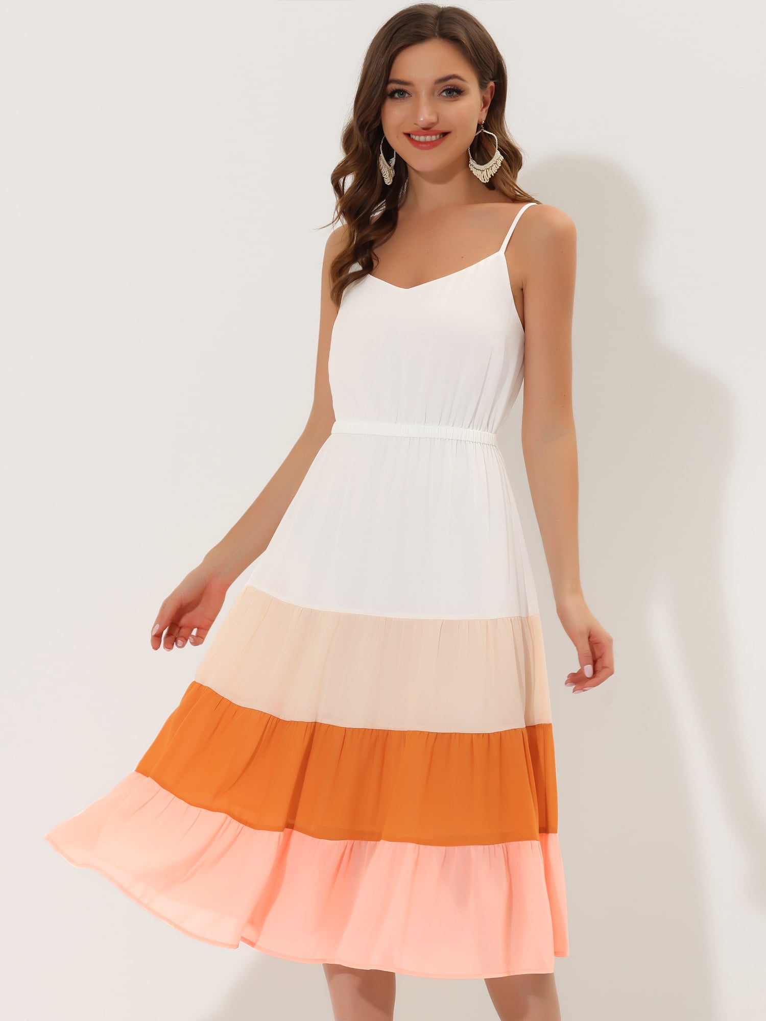 DARING DIVA Women's V Neck Sleeveless Elastic Waist Maxi Dress XS White Pink