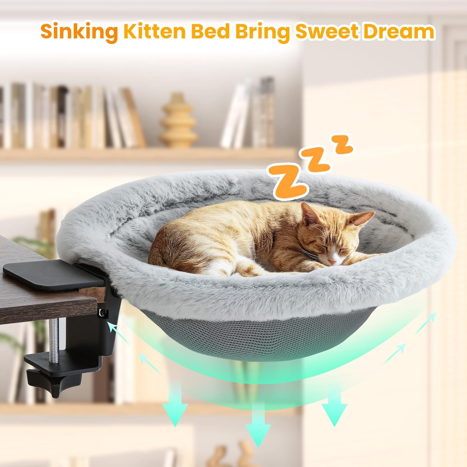 Pawaboo Cat Desk Bed, Sunken Cats Hammock with Steel Clamp Hold up to 40lbs, One-click Foldable Cat Side Table Beds with Soft Plush, Reversible & Washable Hanging Cats Bed for Game Office Home Deskto