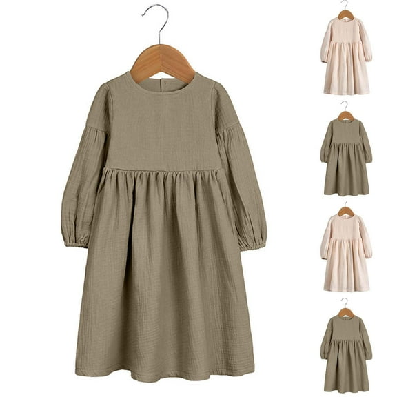 Ashirexll Girls Long Sleeve Dress, Dresses for Girls, Children Long Sleeve Solid Color Round Neck Dress Casual Ruffle Dress Autumn Dress