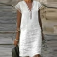 thumbnail image 1 of Lindbes 2024 Nouvelle Robe d'Été pour Femme en Coton et Lin Mode Unie Ajourée à Col en V Mini Robes Femme Décontractée à Manches Courtes Robes Vestido, 1 of 5