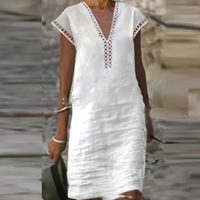 Lindbes 2024 Nouvelle Robe d'Été pour Femme en Coton et Lin Mode Unie Ajourée à Col en V Mini Robes Femme Décontractée à Manches Courtes Robes Vestido