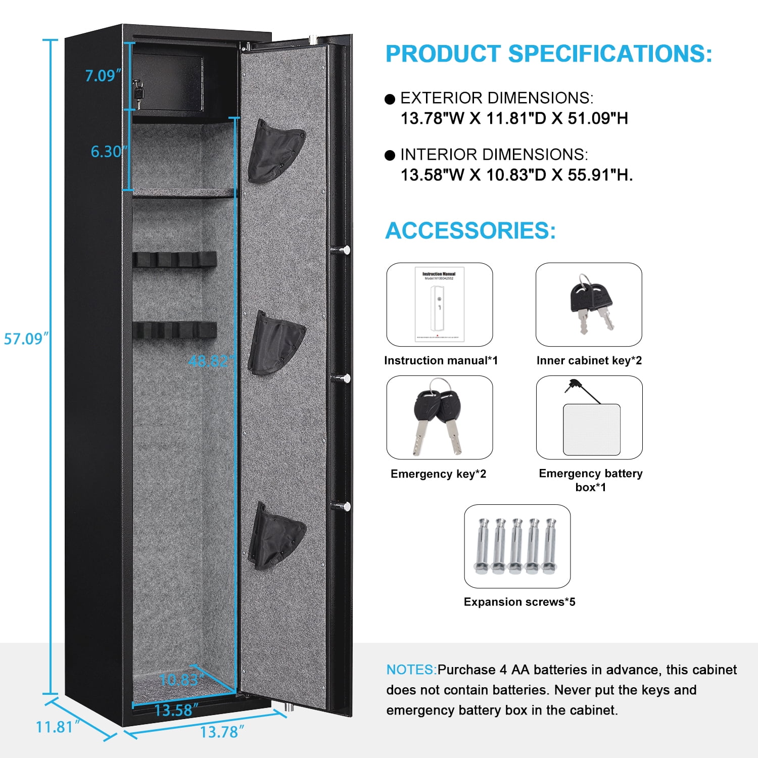 Kavey 5-6 Gun Safe, Fingerprint Gun Safe with Inner Cabinet, Long Gun Safe with Adjustable Shelf & Pistol Bag, Gun Cabinet for Shotguns with Dual Alarm System & Mute Mode