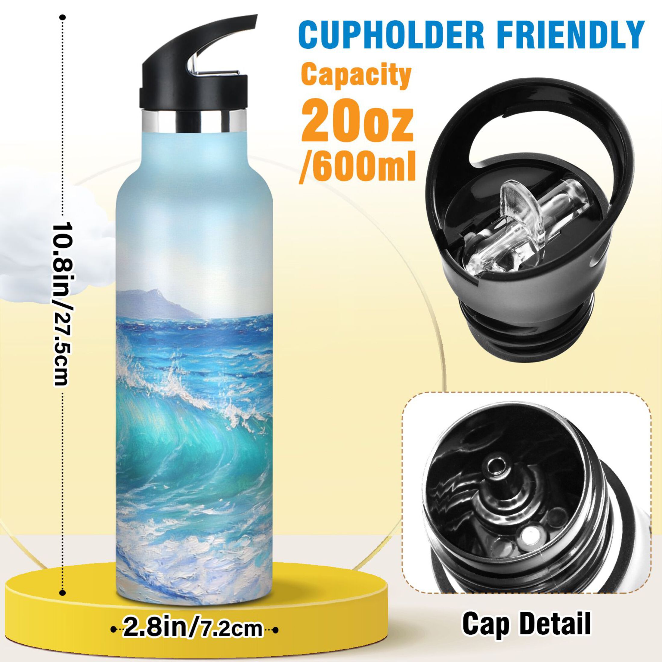 Kids Insulated Stainless Steel Sports Water Bottle 600ml (20oz) Ocean Waves