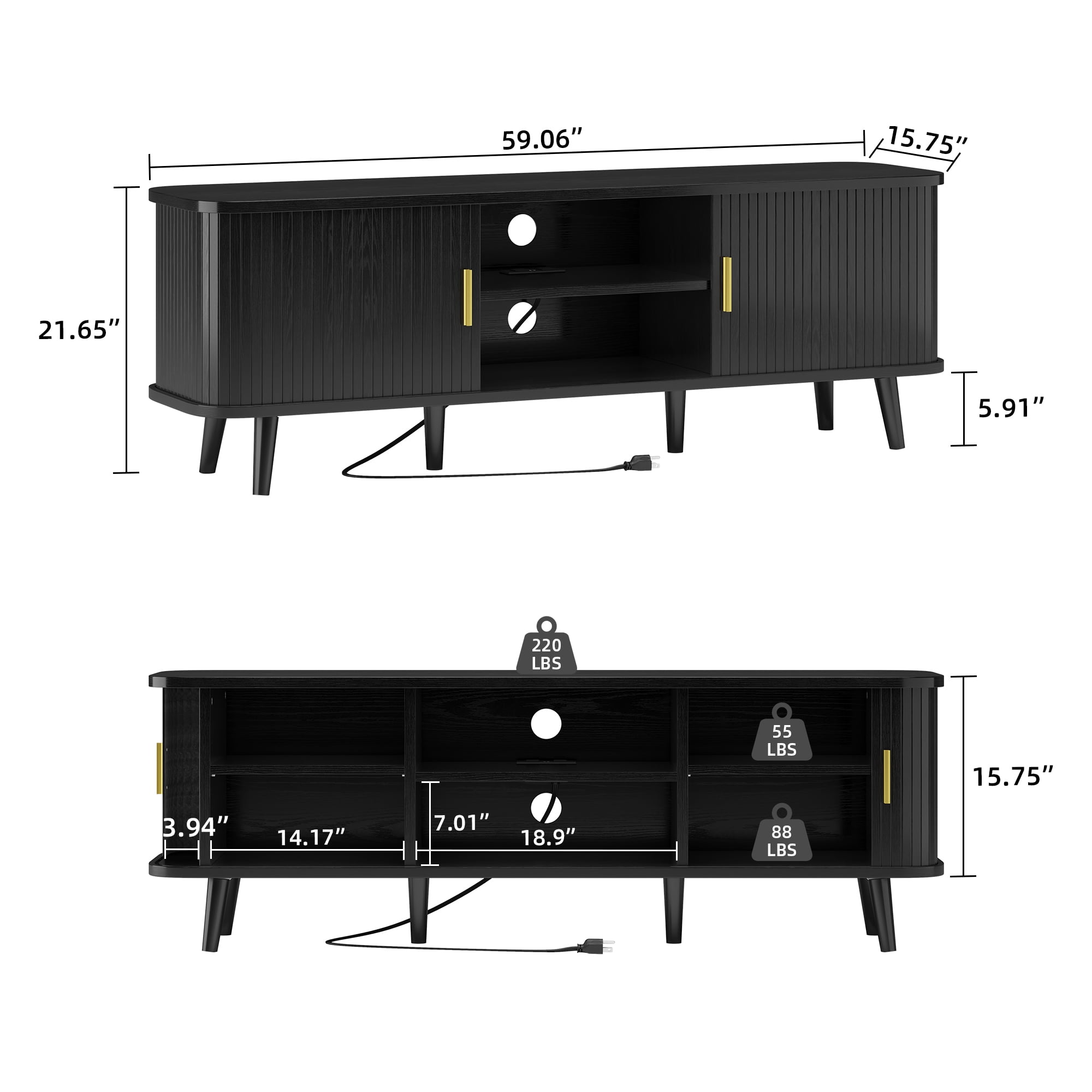Laintene 59" TV Stand with Power Outlet for TVs up to 65 Inch, Entertainment Center with Storage and Adjustable Shelves, Modern Media Console with Sliding Doors for Living Room, Black