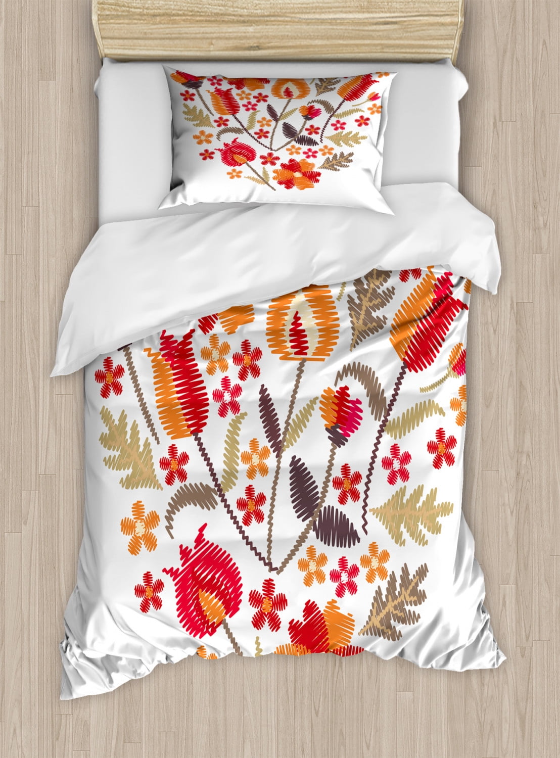 Russian Duvet Cover Set Twin Size, Folkloric Look Flowers Heart Shaped