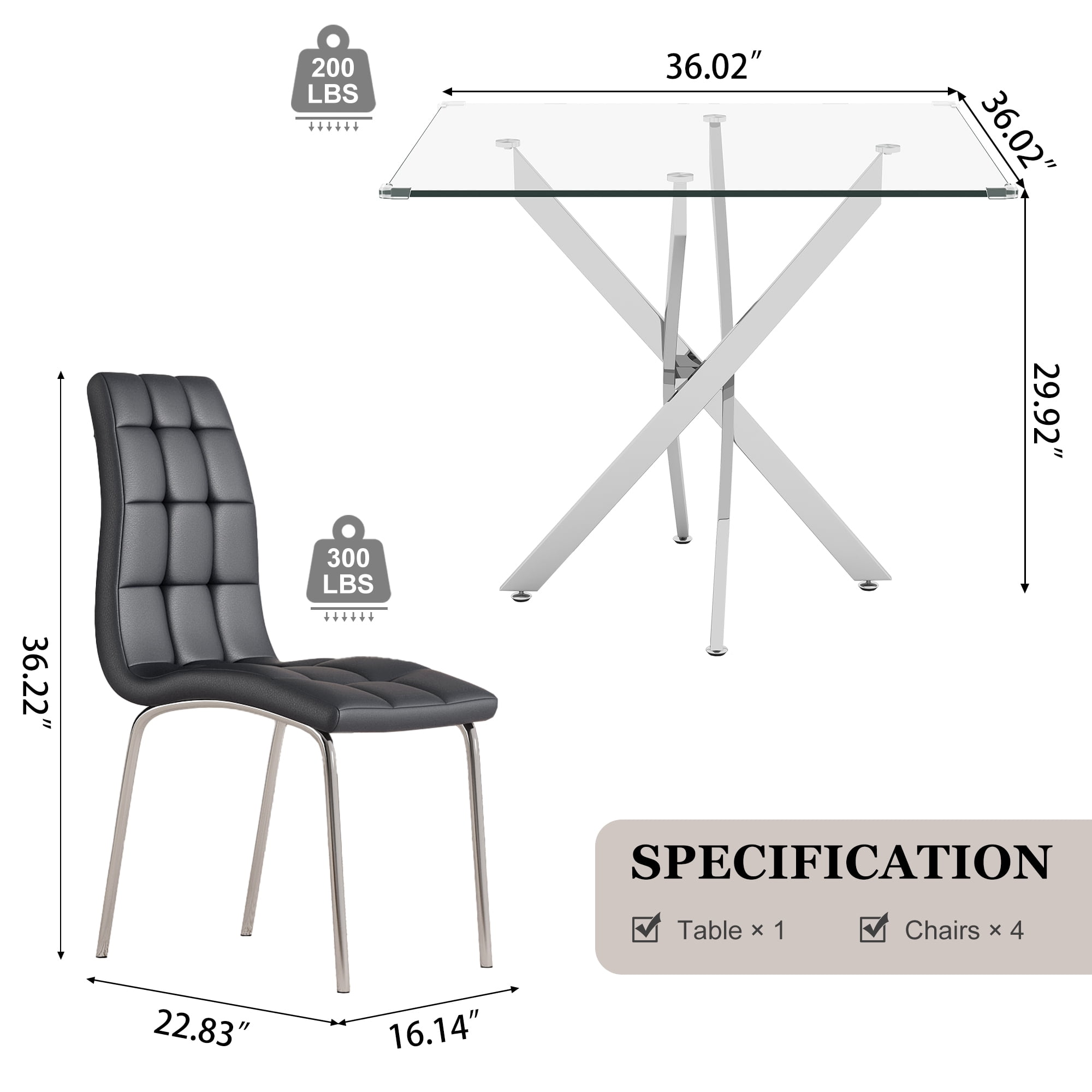 5-Piece 36" Square Glass Dining Set, Clear Tempered Glass Table & 4 PU Leather Chairs with Stainless Steel Legs for Kitchen, Meeting Room