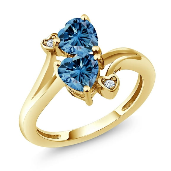 Gem Stone King 18K Yellow Gold Plated Silver Persian Blue Moissanite Ring for Women (1.63 Cttw, Heart Shape 6MM, Gemstone Birthstone, Size 8)