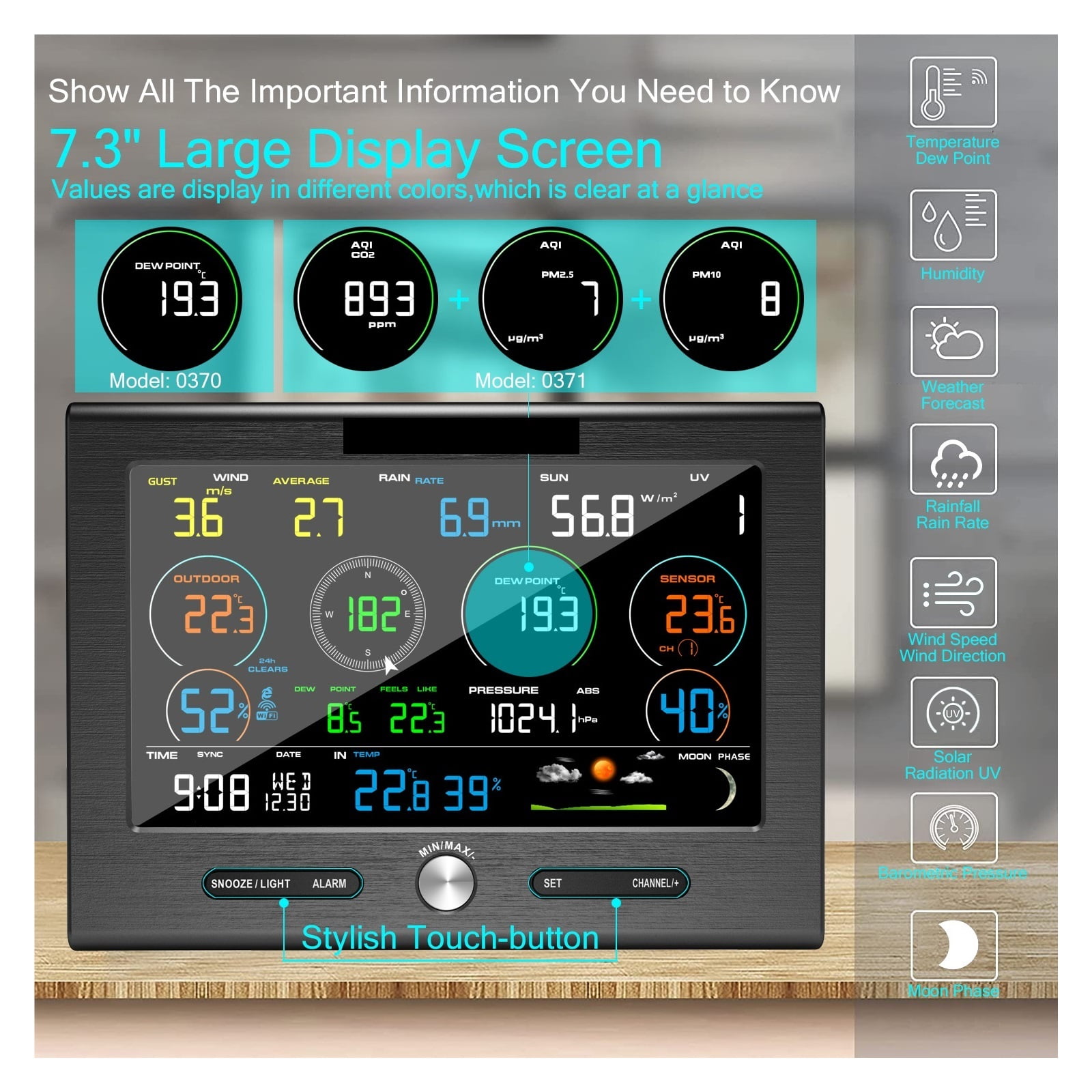 0371 Weather Station Outdoor Sensor Weather Forecast Base Detector Indoor AQI PM2.5 PM10 Co2 Monitor ,Easy to Install