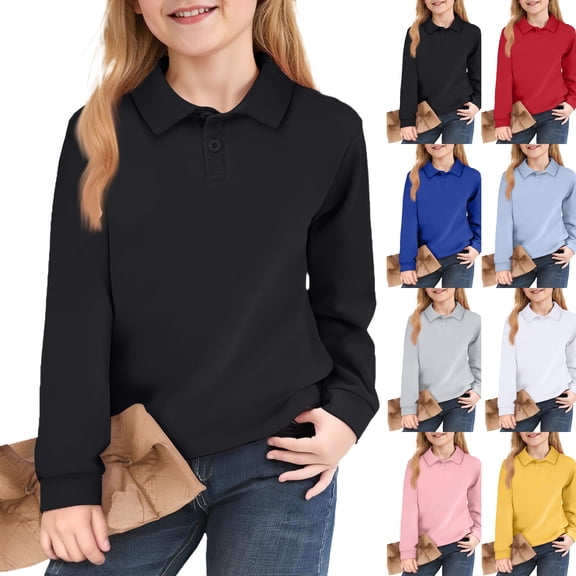Girls Long Sleeve Polo Shirt Kids 2026 Fall Casual Shirts School Uniform Golf Tops Tees,Black,9-10 Years