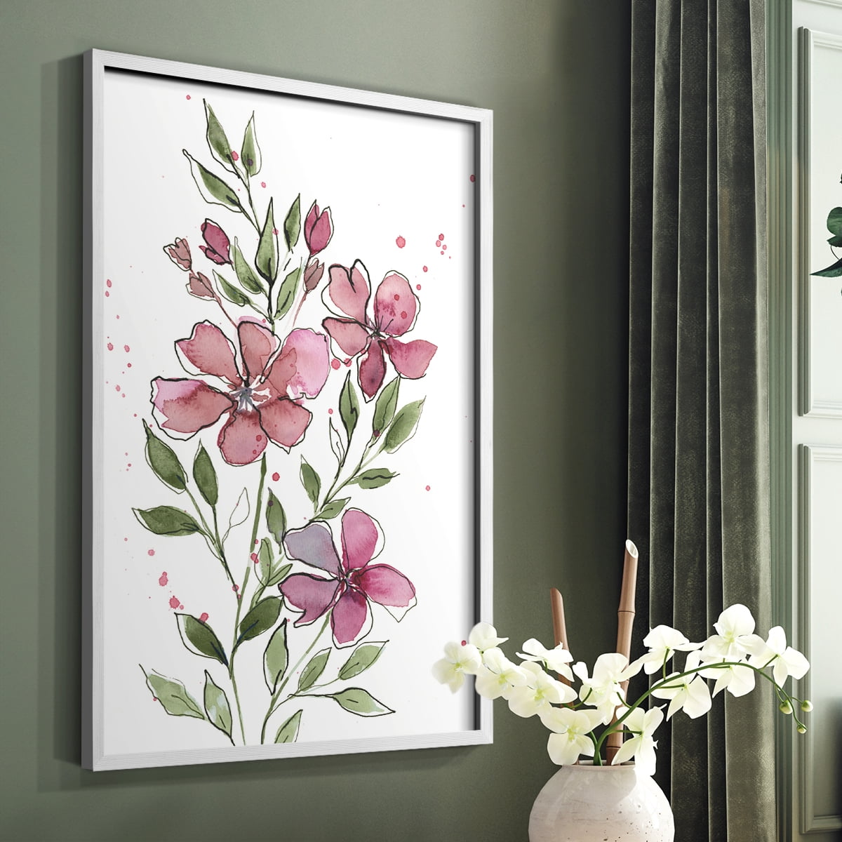 Watercolor Floral Stems I Framed Print in White Solid Wood 11 x 14 Framed Print