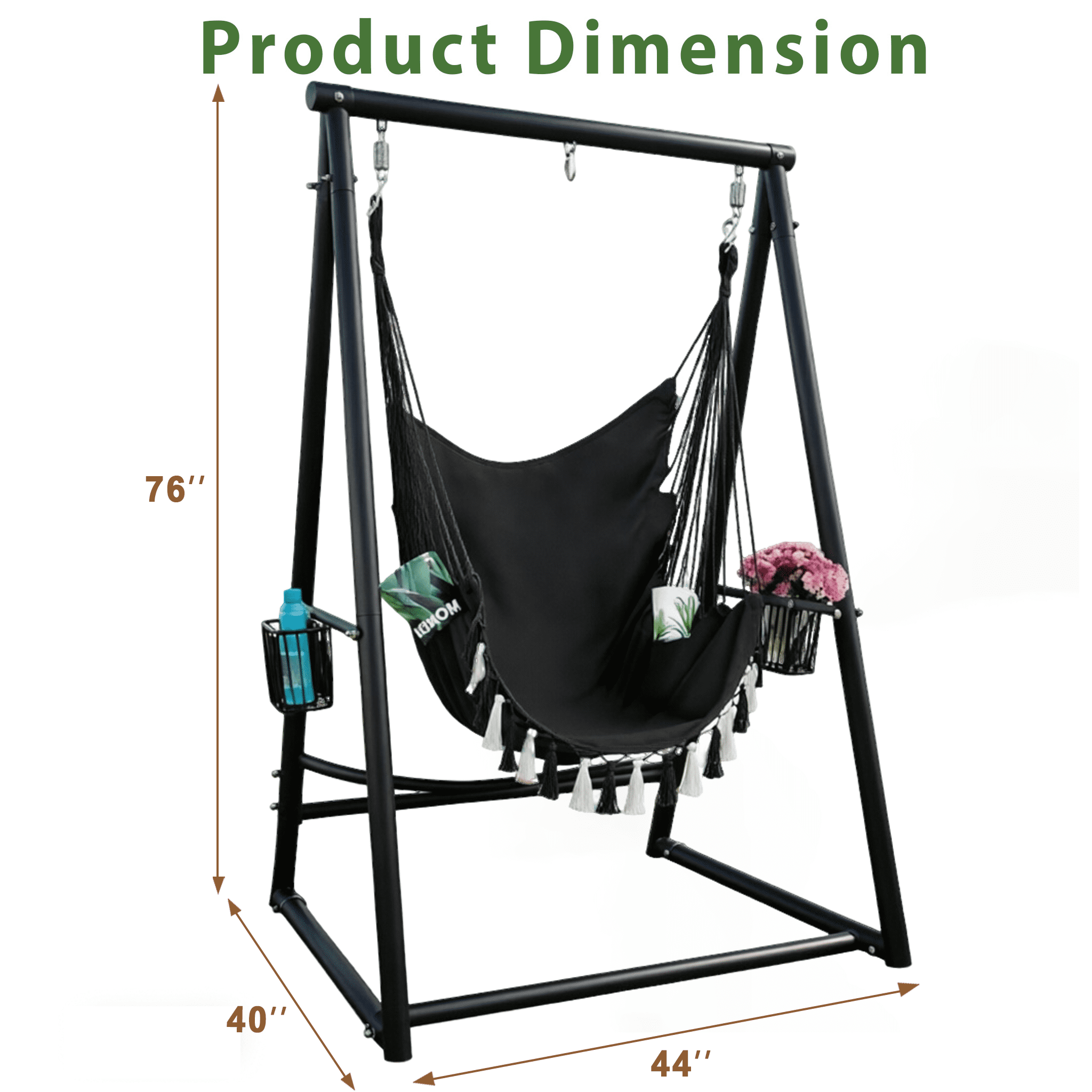 Hammock Chair Hanging Rope Swing & Stand Set with Two Holders, Heavy Duty Hanging Stand with Three Hooks, Multi-Use for Indoor Outdoor Patio Yard Garden (Black)