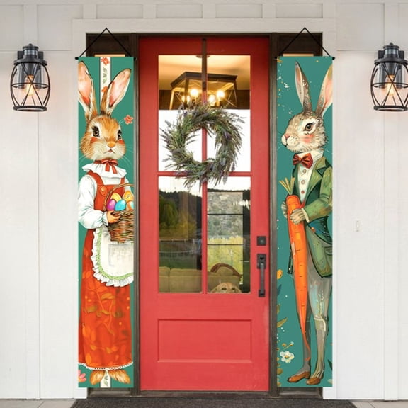 2 pieces, 2D Flat rabbit pattern porch hanging logo decorative banner, Spring Festival and Easter couplets, Easter party hanging flag, suitable for front door, courtyard, porch garden