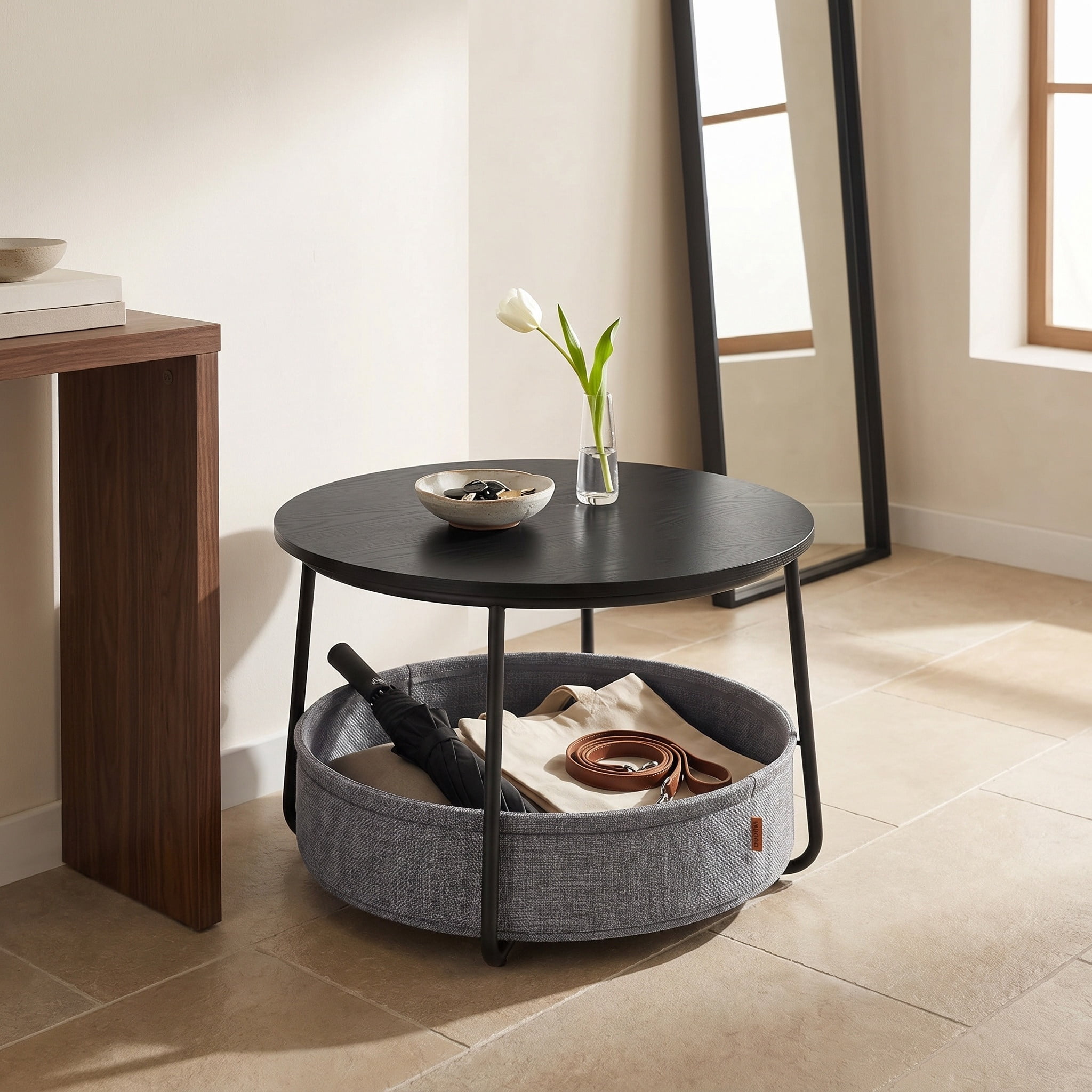 Nordic Hygge Modern Ebony Black Round Coffee Table with Slate Gray Fabric Storage Basket