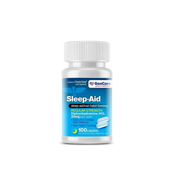 GenCare - Sleep Aid Diphenhydramine 25mg (100 caplets) | Regular Strength Non Habit Forming to Fall Asleep Faster & Sleep Deeper | Causes Drowsiness Take 1-2 Pills Before Bed | Generic Simply Sleep
