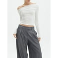 thumbnail image 4 of Michellecmm  Women Off Shoulder Crop Tops Long Sleeve Solid Color Ruched T-Shirts, 4 of 7