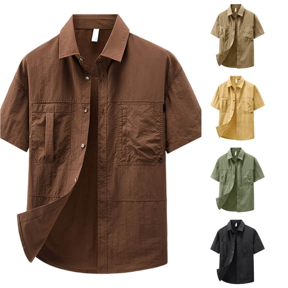 Zylarhe Mens Summer Shirts, Men Short Sleeve Button Down Casual Work Shirt Nylon Woven Multiple Pockets Loose Fit Spring Summer Fall Daily Wear Coffee M
