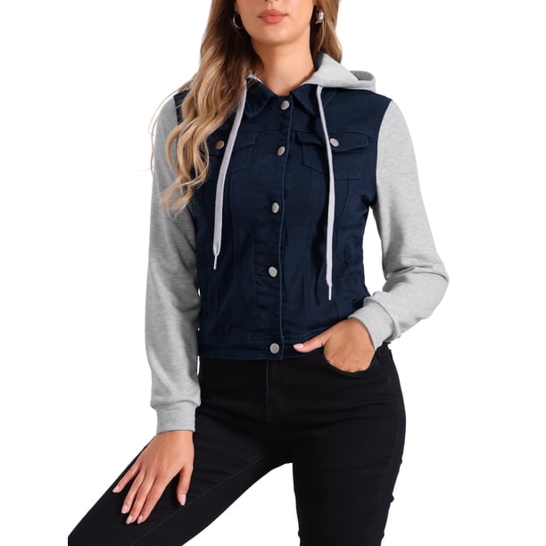 CHAQUETA DE DENIM LAVADO PARA MUJER INSPIRE CHIC CON MANGAS DE CONTRASTE Y CAPUCHA CON CORDÓN, CIERRE DE BOTONES, TALLA S, AZUL PROFUNDO
