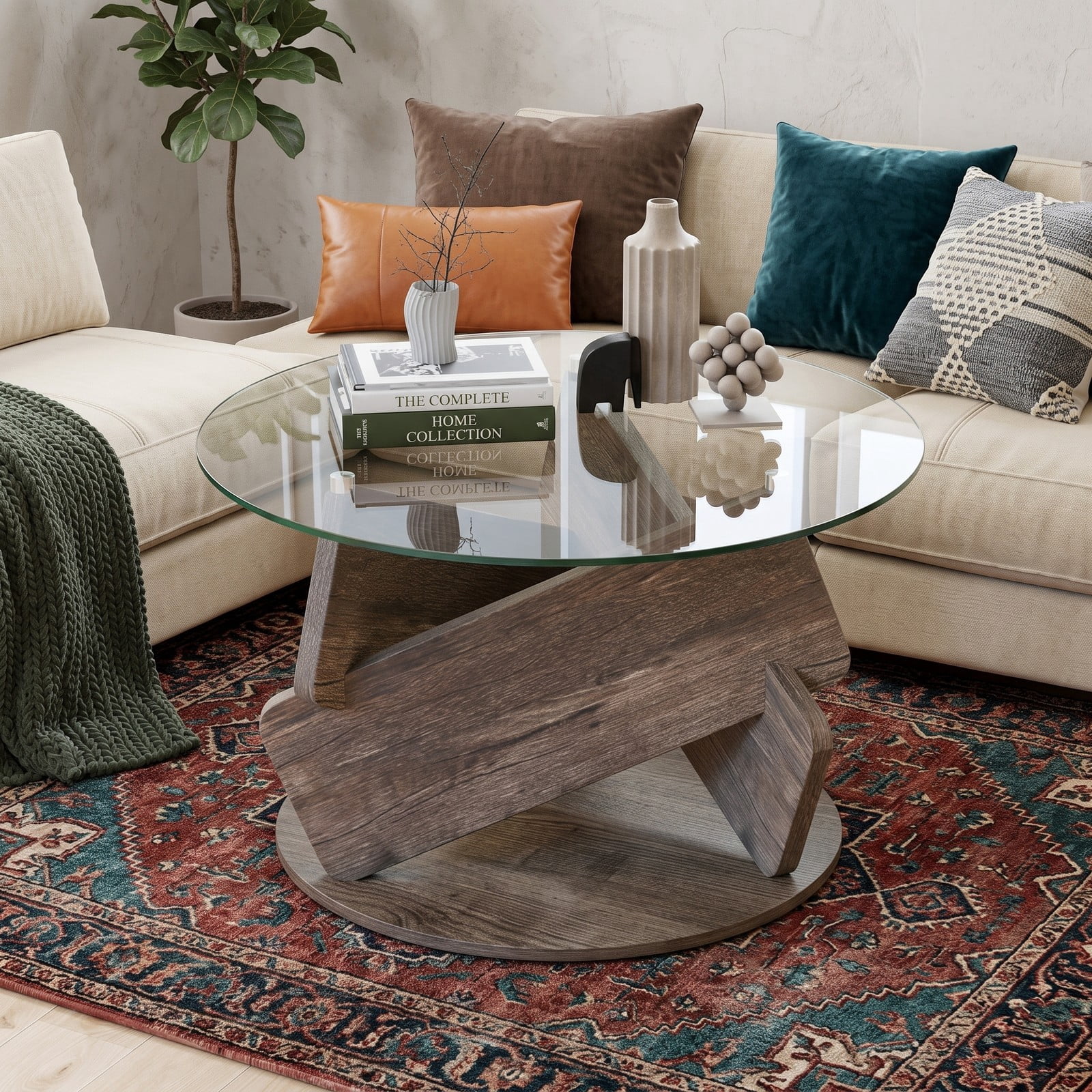 Furnibear Round Glass Coffee Table, 32 Inch Modern Center Table with Tempered Glass Top and Solid Rubberwood Base for Living Room Office Reception, Gray