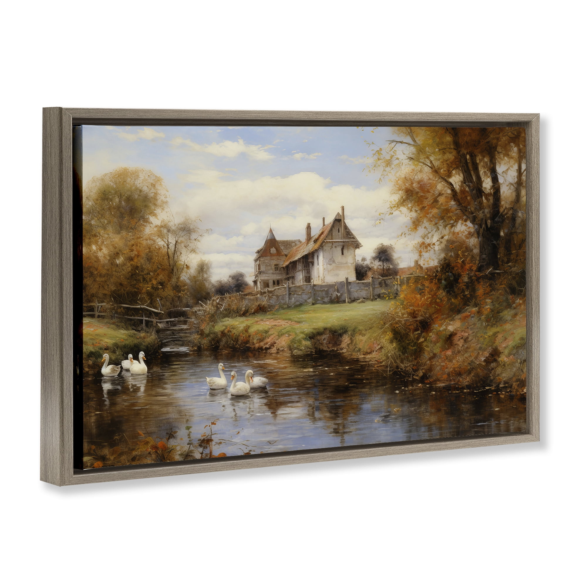 Stupell Industries Ducks in Cottage River Landscape & Nature Painting Brown Floater Framed Canvas Art Print Wall Art, 31 x 21