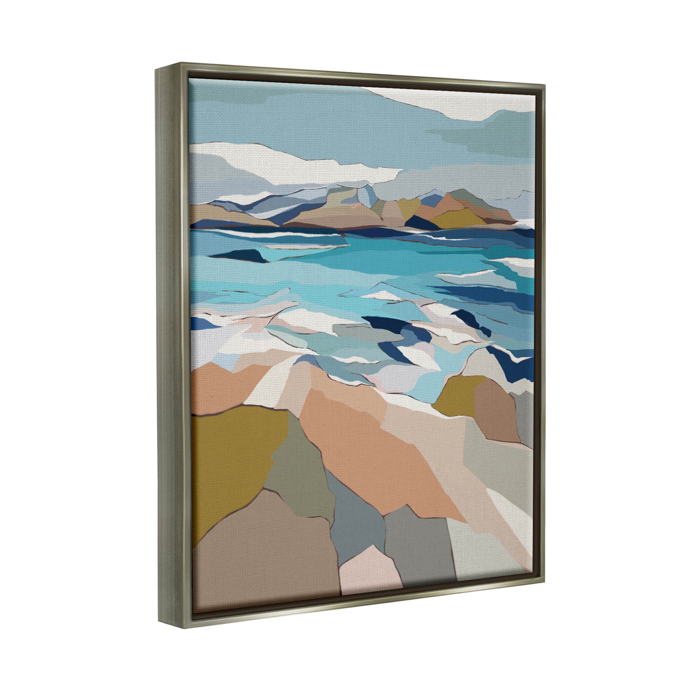 Stupell Industries Rocky Ocean Shore Beach Landscape Graphic Art Luster Gray Floating Framed Canvas Print Wall Art, Design by Nikita Jariwala