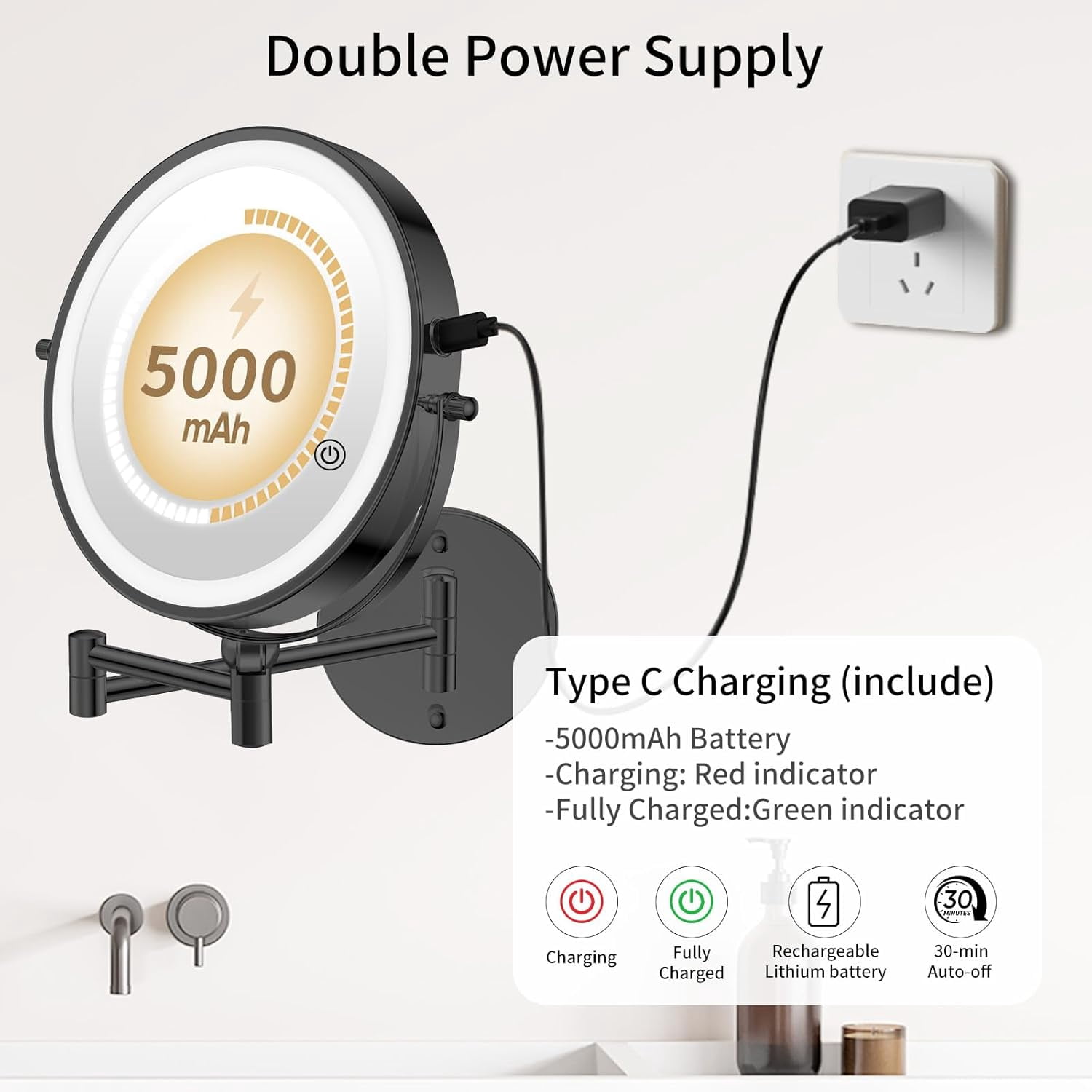FUNTOUCH 9-inch 5000mAh Rechargeable Makeup Mirror with 1X/30X Magnification, Dimmable Razor Mirror in 3 Colors, Adjustable Height Makeup Mirror, 360° Rotatable, Wall Mirror for Bathroom and Hotel