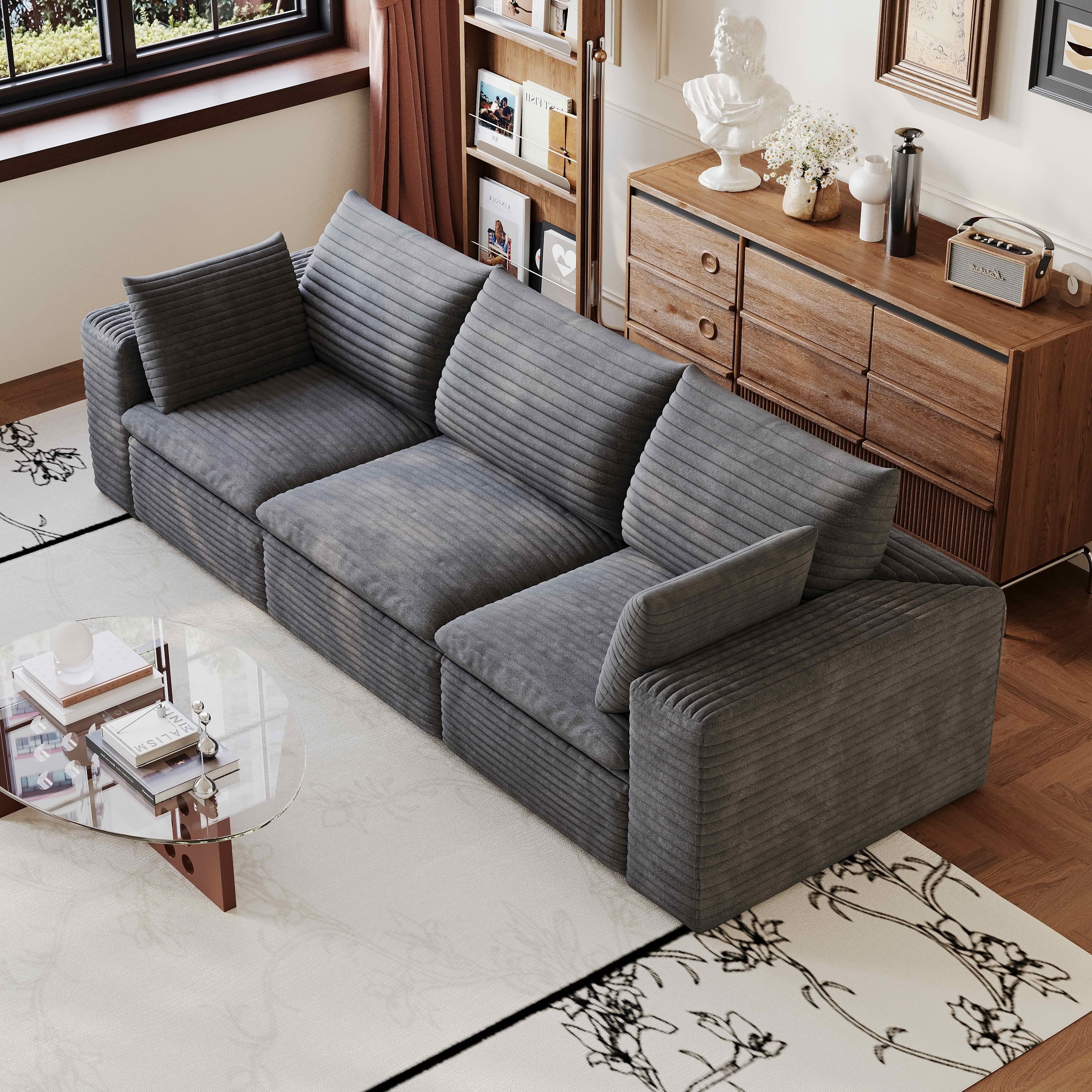 MAYEERTY 102.4 Inch Cloud Modular Sofa, Corduroy Deep‑Seat Couch with Double‑Layer Removable Cushions, No‑Assembly DIY Combination Sponge Sofa for Living Room Bedroom Conference Room Apartment