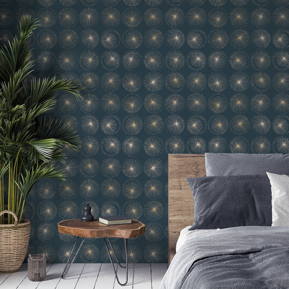 Tempaper Goodbye Moon Blue & Metallic Gold Peel and Stick Wallpaper, 20.5" x 16.5'