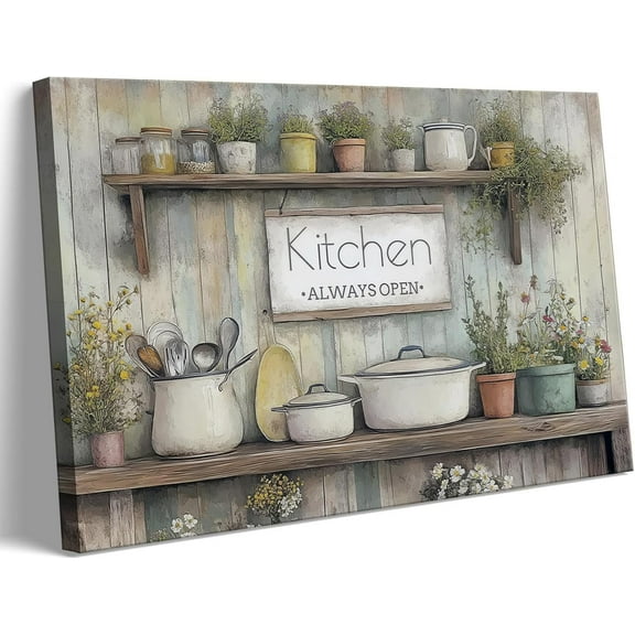 Rustic Kitchen Canvas Wall Art Farmhouse Pots Pans Kitchen Always Open Wall Decor Picture Country Still Life Floral Painting for Dining Room Home Decoration Ready to Hang