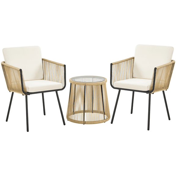 Renwick 3-Piece Outdoor Wicker Bistro Set with Table and 2 Chairs, Tan/Cream