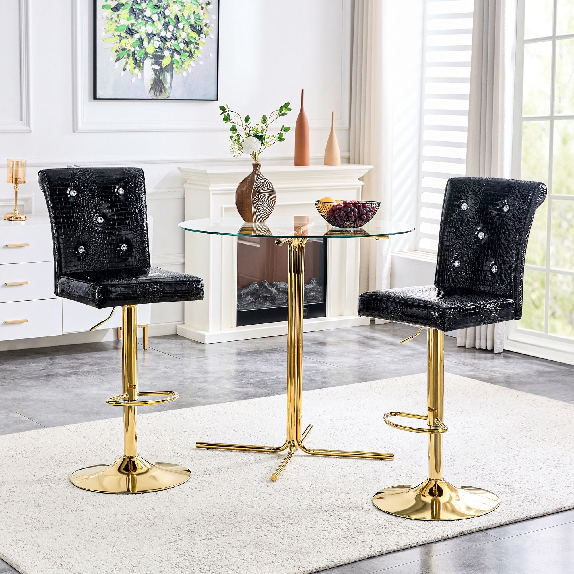 Alvantor Set of 2 Black Crocodile Faux Leather Bar Chairs with Crystal Accents