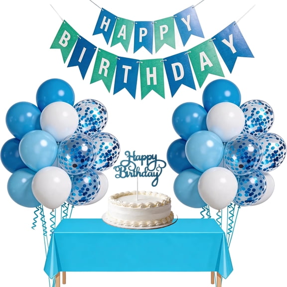 60pcs 12 inch Light Blue Baby Blue and White Confetti Latex Balloons and Happy Birthday Banner for Birthday Baby Shower Graduation Bridal Shower Wedding Party Decorations