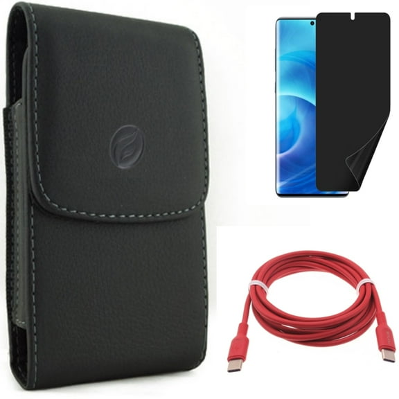 Case Belt Clip w Privacy Screen Protector w Red 6ft Long Cable for Samsung Galaxy S20 - Leather Holster, TPU Film [NOT GLASS], USB-C to Type-C PD Fast Charger P9G fits Samsung Galaxy S20 Model