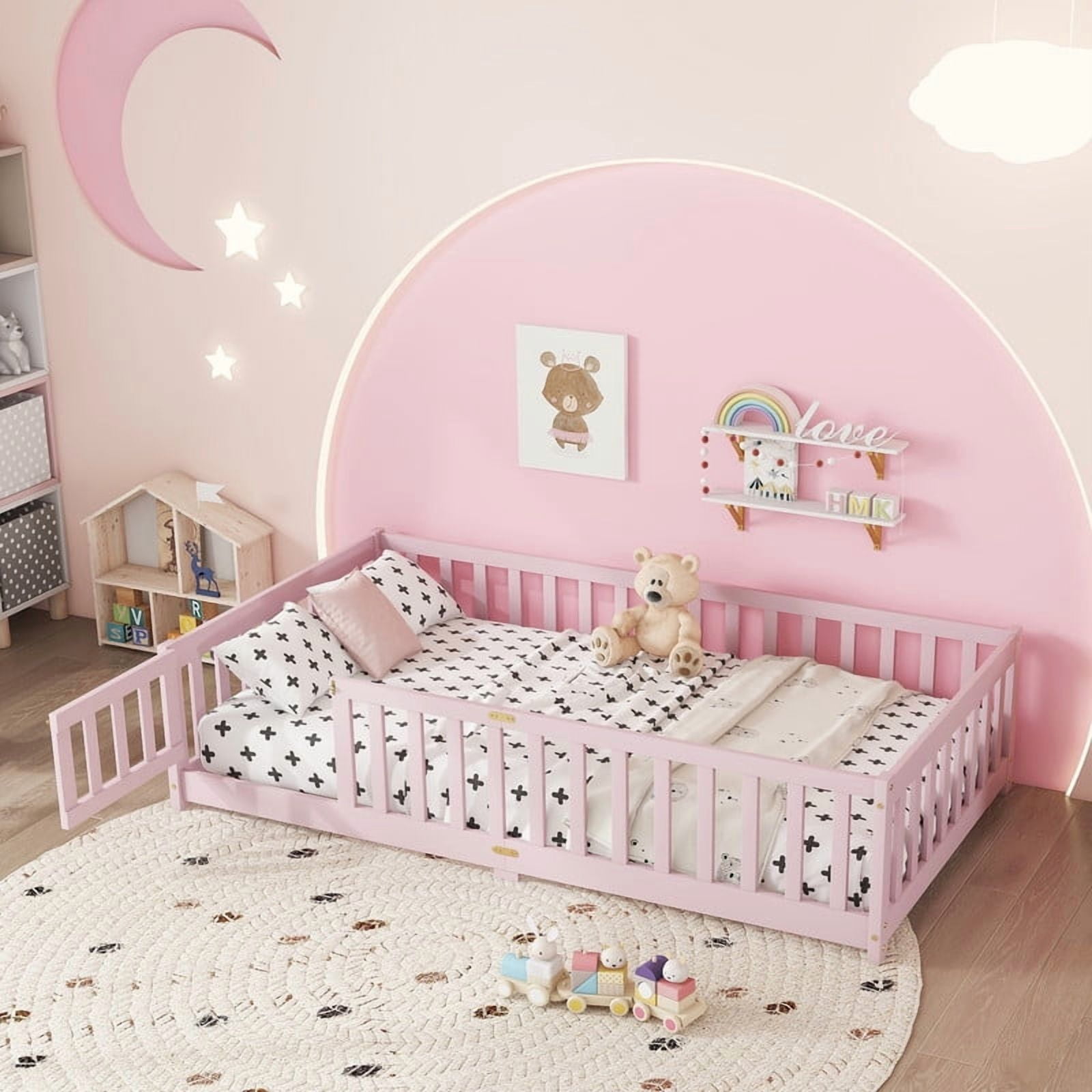 Mirightone Twin Size Floor Bed , Wood Montessori Floor Beds with Fence Railings, Door & Slats Support, Twin Playhouse Bed Frame, (Pink)