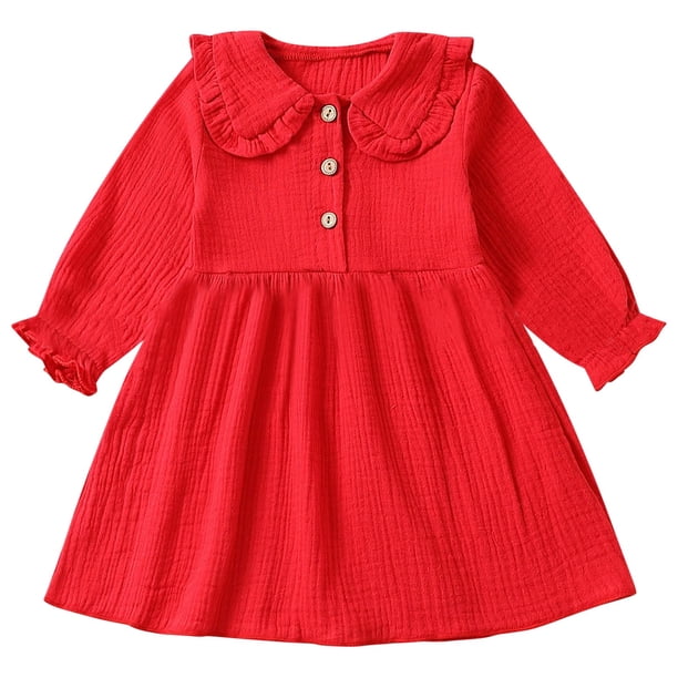 Odeerbi Niñas Cuello Peter Pan Vestido de Algodón Primavera Otoño Vestido de Manga Larga 0-3 Años Niñas Cuello Redondo Sólido
