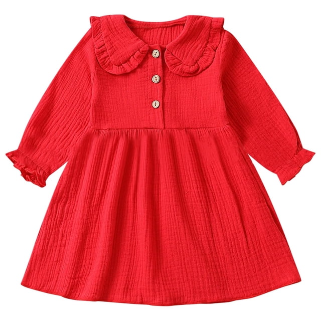 Odeerbi Niñas Cuello Peter Pan Vestido de Algodón Primavera Otoño Vestido de Manga Larga 0-3 Años Niñas Cuello Redondo Sólido