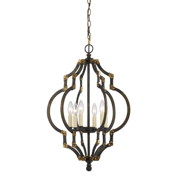 Cal Lighting 27.5" Tall Metal Pendant in Iron Antique Gold Finish-Color:Iron/Antique Gold,Finish:Iron/Antiqued gold,Wattage:40WX6