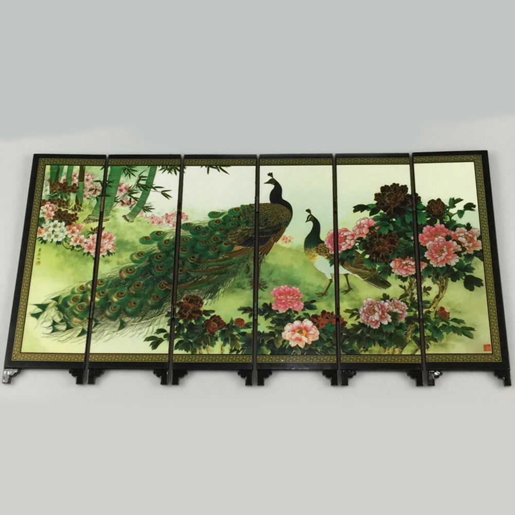 OPOLSKI Wooden 6-Panel Peacock Screen Room Divider Folding Partition Gift Desktop Decor