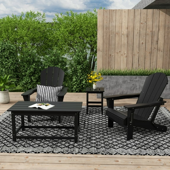 WestinTrends Malibu 4-Pieces Outdoor Patio Furniture Set, All Weather Outdoor Seating Plastic Adirondack Chair Set of 2 with Coffee Table and Side Table, Black