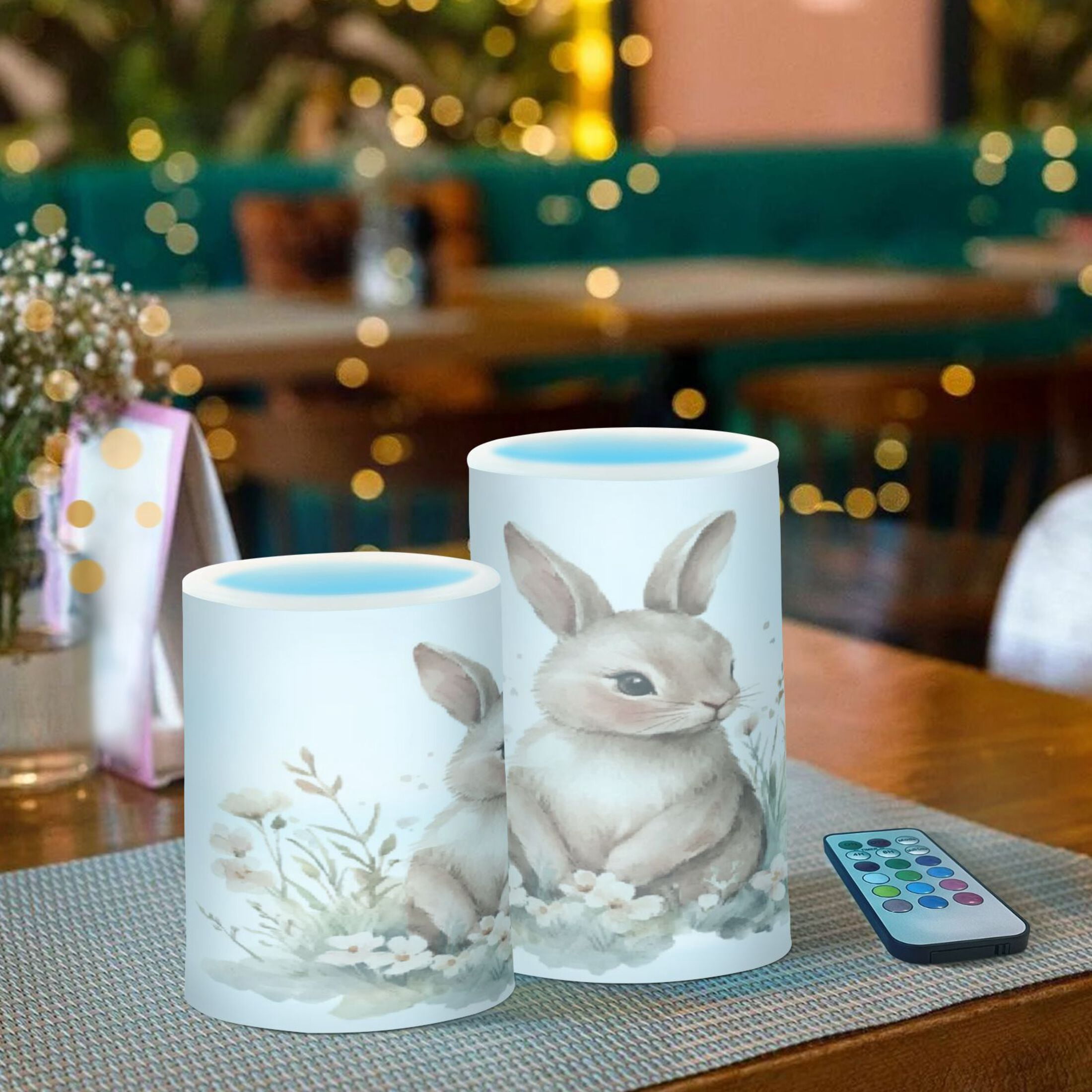 2 PCS Flameless Candles with Remote Timer LED Battery Operated Flickering Candle Light for Wedding Table Home Decoration Gifts Watercolor Bunny in Floral