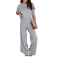 thumbnail image 3 of LANGWYQU Women 2 Pieces Knit Sets Short Sleeve Mock Neck Tops & Wide Leg Pants Suit, 3 of 5
