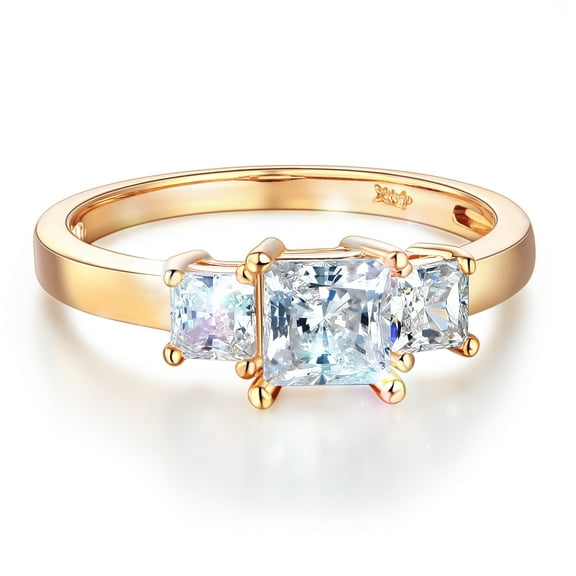 Wellingsale Ladies Solid 14k Yellow Gold Polished CZ Cubic Zirconia Princess Cut Three 3 Stone Engagement Ring - Size 4